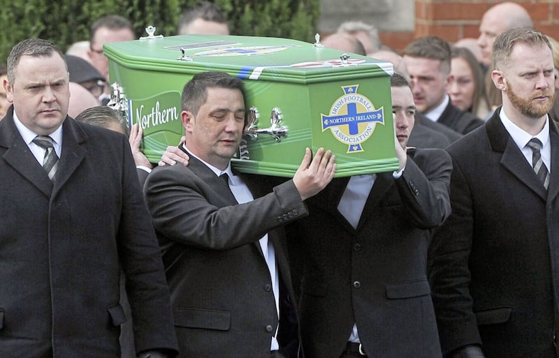 Family and friends helping to carry the coffin of Carter Junior Carson at his funeral at Abbots Cross Congregational Church in Newtownabbey&nbsp;