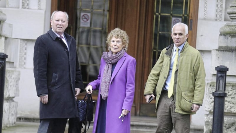 TUV leader Jim Allister, former Labour MP Baroness Kate Hoey and former Brexit Party MEP Ben Habib outside court on Monday. Picture: Hugh Russell. 
