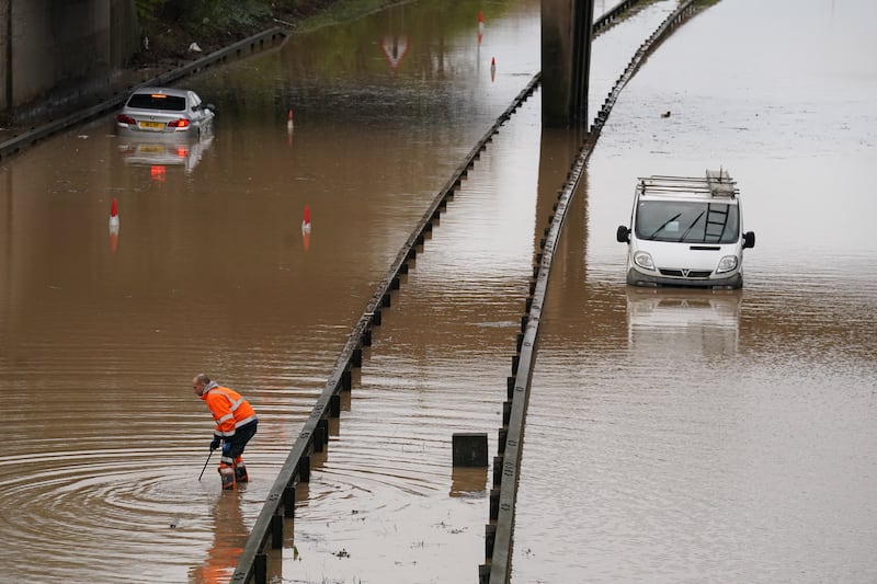 Cars stranded in floodwater on the A189 Spine Road near Blyth, Northumberland