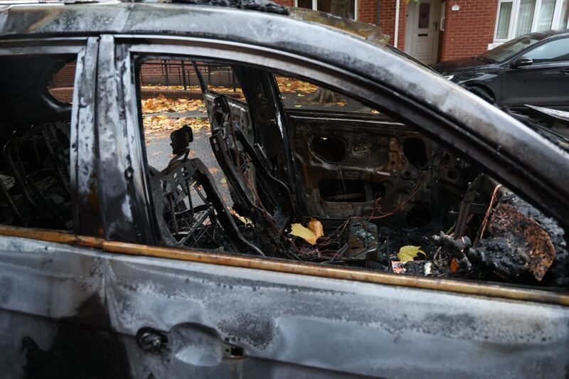 A car was destroyed during an arson attack in south Belfast, with the incident caught on camera. Picture, Mal McCann
