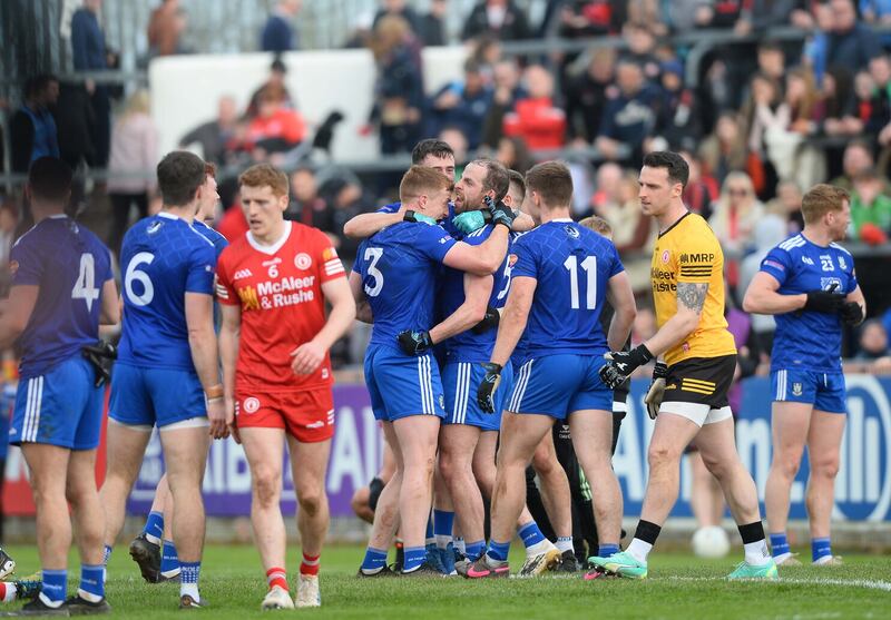 Monaghan players celebrate after their last-gasp win over Tyrone at O'Neills Healy Park                 Picture: Mark Marlow