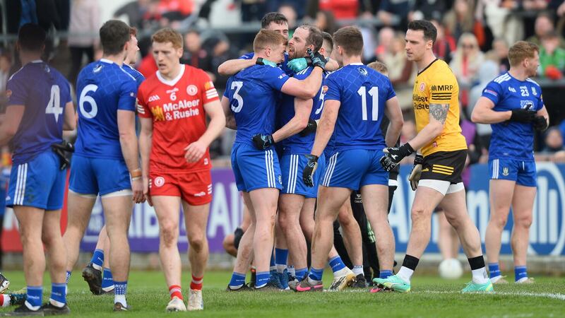 Monaghan players celebrate after their last-gasp win over Tyrone at O'Neills Healy Park                 Picture: Mark Marlow