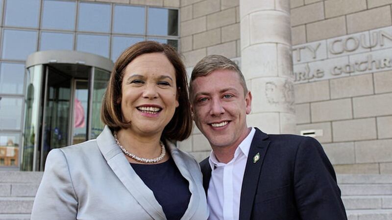 Jonathan Dowdall with Sinn F&eacute;in deputy leader Mary Lou McDonald before his resignation from the party