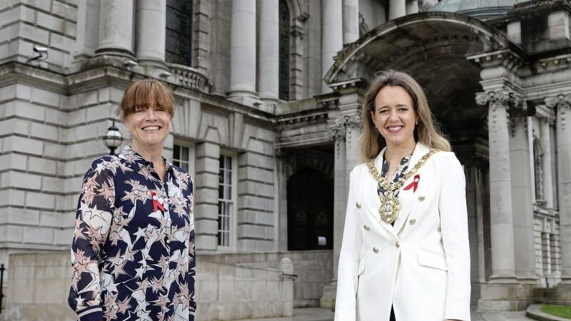 Jacquie Richardson, Chief Executive, Positive Life and new Lord Mayor of Belfast, Kate Nicholl at Belfast City Hall 