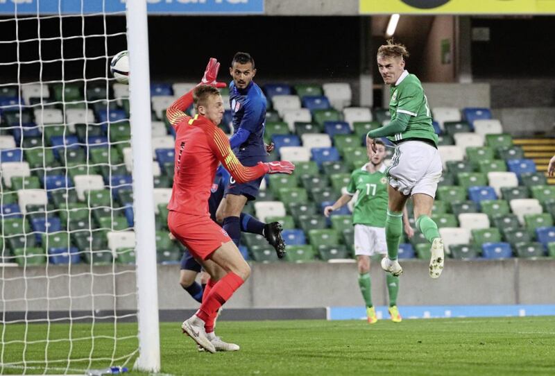 Mark Sykes scoring for Northern Ireland in a Euro U21 qualifier - he has been called up to the senior squad. 