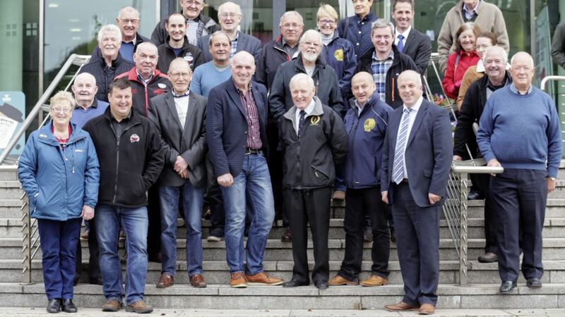 Dundrod &amp; District Motorcycle Club, The Ulster Grand Prix Supporters Club, and local Dundrod residents pictured outside Lisburn and Castlereagh City Council&rsquo;s Office following its unanimous rejection of the proposed 96-acre super cemetery, on the Ulster Grand Prix Circuit. Picture by Stephen Davison 