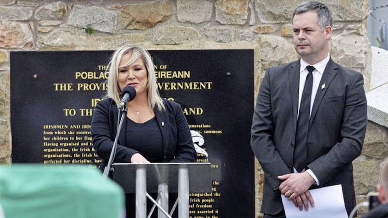 Sinn F&eacute;in vice president Michelle O&#39;Neill speaking in Milltown Cemetery at a ceremony for veteran republican Bobby Storey 