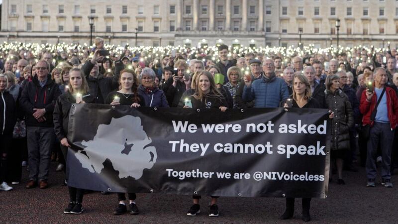 The &#39;NI Voiceless&#39; silent protest against changes in abortion legislation, held at Stormont this month, was attended by thousands. Picture by Matt Bohill 