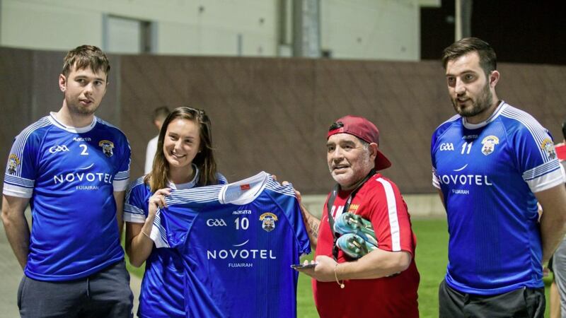Argentina legend Diego Maradona pictured with Padraig Kennedy, Rebecca Marr and Andrew Hogan of &Eacute;ire &Oacute;g GAA club, Fujairah. Picture by Ammar Ali. 