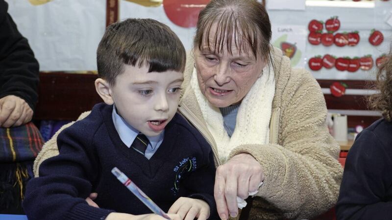 Catherine Downey with grandson Conor during Grandparents&#39; Day in St John the Baptist PS. Picture by Hugh Russell 