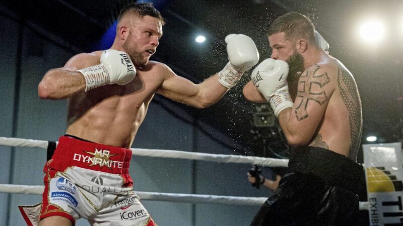 Conrad Cummings prepares to unload a right hand on Ferenc Berki during last Friday night&#39;s WBO European middleweight title bout. Picture by Mark Marlow 