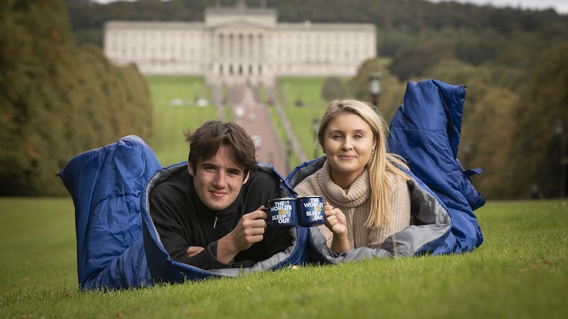 Patrick Finnegan and Olivia McAleenan outside Stormont where 1,000 people are will sleep outside on December 7 to help highlight homelessness&nbsp;