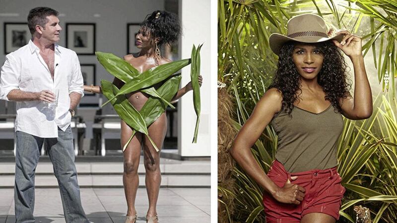 Sinitta in her palm leaf bikini with a startled Simon Cowell plus her jaunty I&#39;m A Celebrity outfit 