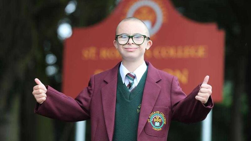 Lurgan student and Celtic superfan Jay Beatty on his first day of school at St Ronan&#39;s College. Picture by Hugh Russell 