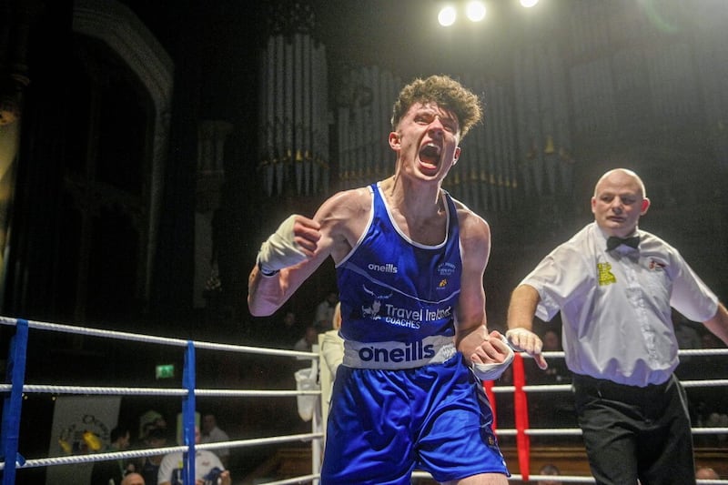 Holy Trinity light-middle Jon McConnell enjoys the moment after his impressive victory over Eoghan Quinn last Thursday night. Picture by Mark Marlow 
