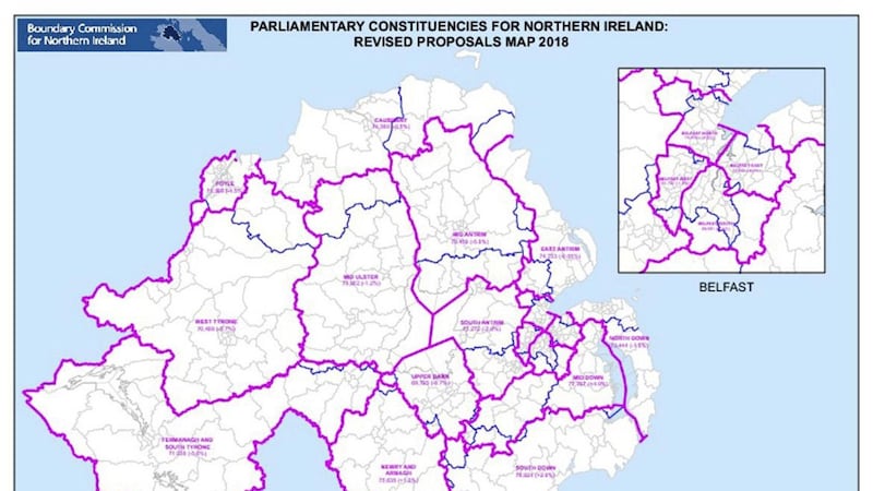 The proposed new boundaries are in pink with the existing constituencies in blue 