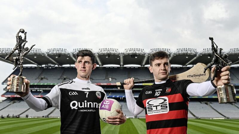 3 May 2022; Kilcoo footballer Eugene Branagan, left, with his AIB GAA club footballer of the year award, and Ballygunner hurler Dessie Hutchinson, with his AIB GAA club hurler of the year award during the AIB GAA Club Players&rsquo; Awards 2021/22 at Croke Park in Dublin. Photo by Sam Barnes/Sportsfile  