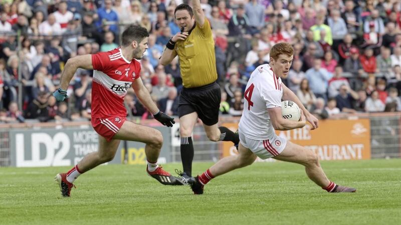 Peter Harte touched the ball once in the opening 33 minutes on Sunday, and just 14 times in total as Karl McKaigue marked him out of the game. The lack of influence from Harte and Niall Sludden in big games of late has to be a concern for Tyrone.<br /> Picture by Margaret McLaughlin
