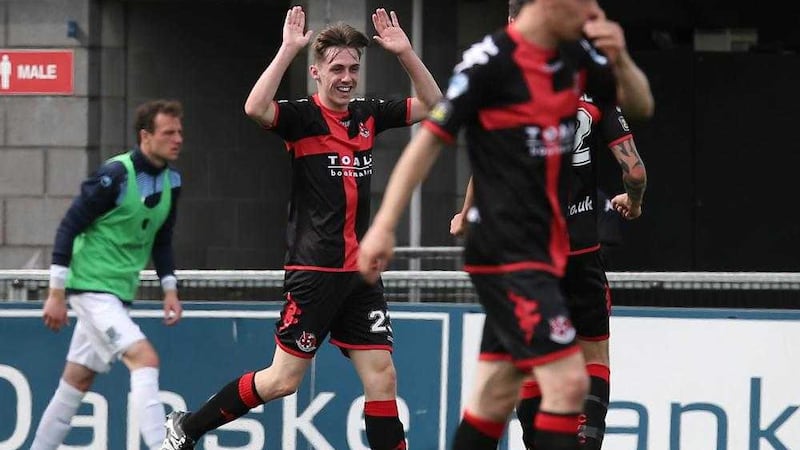 Pacemaker Belfast 6-8-16 Crusaders v Ballymena Utd - Danske Bank Premiership Crusaders Gavin Whyte celebrates his goal during today&#39;s game at Seaview, Belfast.  Photo by David Maginnis/Pacemaker Press 