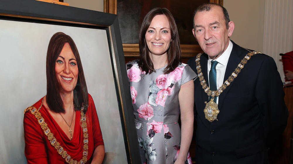 Irish News - Nichola Mallon Portrait - 2 December 2015.Photograph by Declan Roughan..The official portrait of former Lord Mayor Nichola Mallon was unveiled at Belfast City Hall..(L-R) Former Mayor Nichola Mallon and current mayor Alder Carson.. 