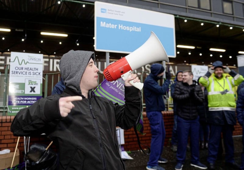Health workers strike outside the Mater Hospital in north Belfast. Picture by Mark Marlow
