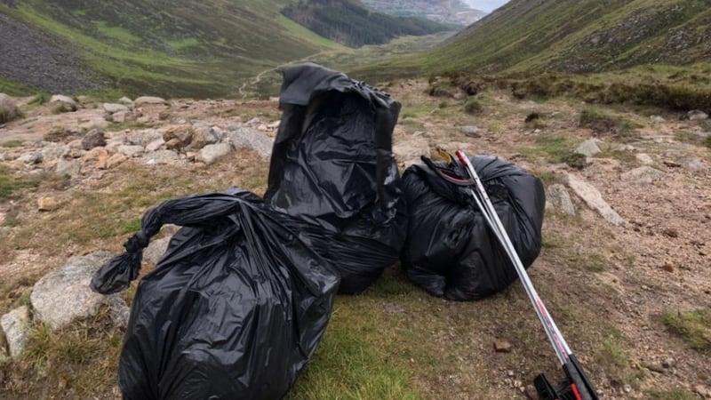 Litter collected at Bloody Bridge in the Mourne Mountains