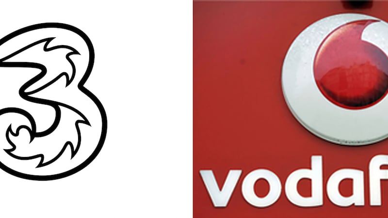 Composite of undated handout file photos issued by Three and Vodafone of their logos, as the mobile phone firm’s owner CK Hutchison Group have announced an agreement to merge their UK networks in a deal to create a European 5G giant.