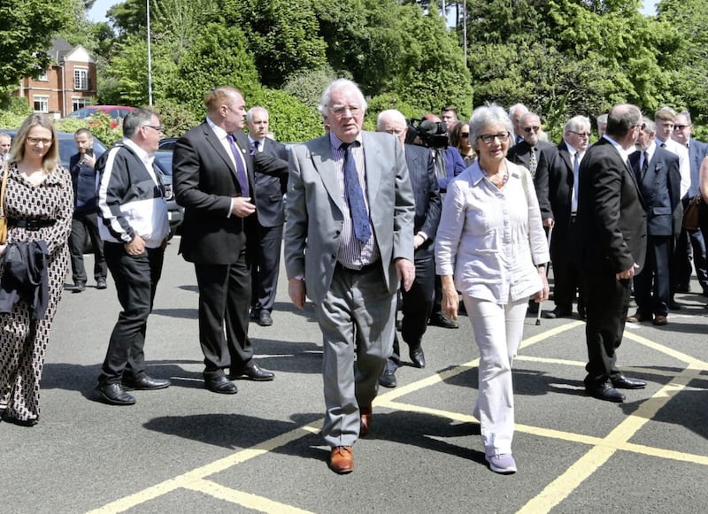 Veteran Civil Rights members Austin Currie and Brid Rodgers arriving - The funeral of veteran Civil Rights leader Ivan Cooper at St Peters Church in Derry on Friday. Picture Margaret McLaughlin 28-6-2019 &Acirc;&copy;. 