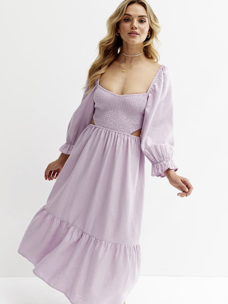 New Look Lilac Shirred Cut Out Side Tiered Midi Dress, &pound;29.99, available from New Look