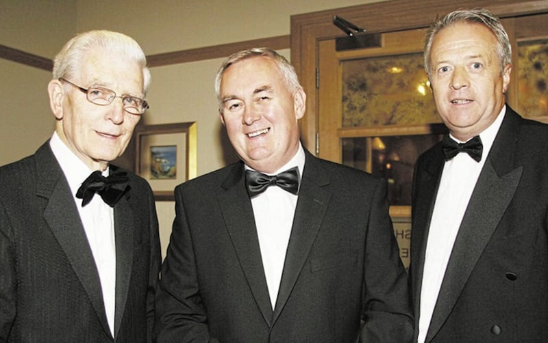 Irish News Chairman Jim Fitzpatrick pictured at the Irish News Ulster All-Stars with GAA President Christy Cooney and Martin McAviney Ulster Council Pic Hugh Russell