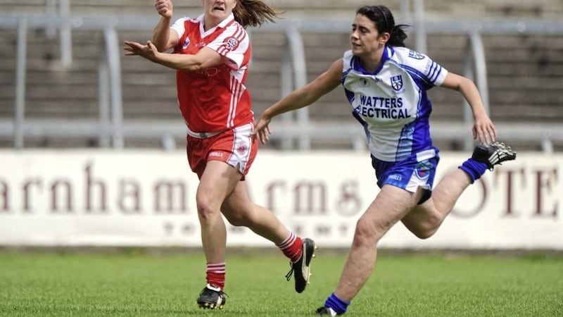 Gemma Begley Tyrone in action against Christina Reilly (Monaghan) in the TG4 Ladies Football Ulster Senior Championship Final at Breffini Park, Cavan on July 5 2009. Picture by Oliver McVeigh / Sportsfile 