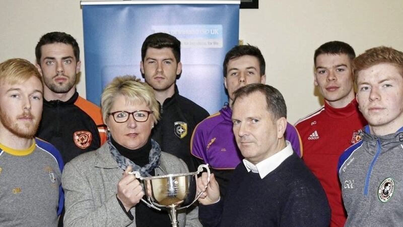 Colm McLarnon, Kickham&rsquo;s, Creggan secretary and son of the late Paddy McLarnon along with Angela Callan from the tournament sponsors the Bank Of Ireland with captains from six of the club&rsquo;s taking part. Included are Deaglan Murphy (Rossa), Brendan Laverty (Lavey), Aidan Rushe (Crossmaglen), James Guinness (Carryduff), Stephen Cunningham (Donaghmoyne) and Daniel Kerr (Galbally).&nbsp;