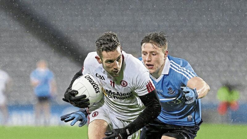 Tyrone&rsquo;s Niall Sludden steals a march on Dublin&rsquo;s John Small during last February&rsquo;s Allianz Football League Division One clash at Croke Park. That match ended in a draw and a go-ahead attitude will be required in tomorrow night&rsquo;s League renewal at Healy Park if the Red Hands are to emerge with anything for their efforts Picture by Philip Walsh 