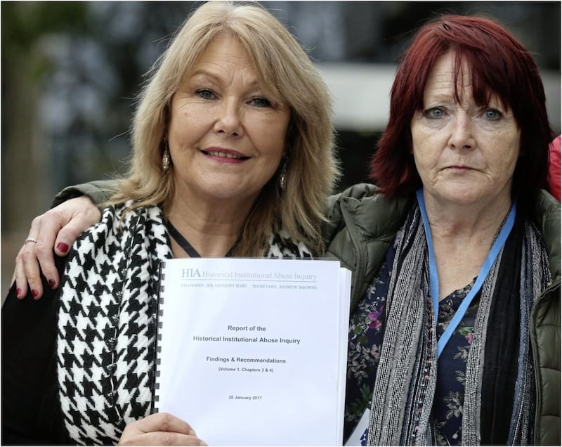 Abuse survivors Margaret McGuckin and Kate Walmsley. Ms McGuckin said the secretary of state should resign over a failure to progress redress payments for victims. Picture by Hugh Russell 