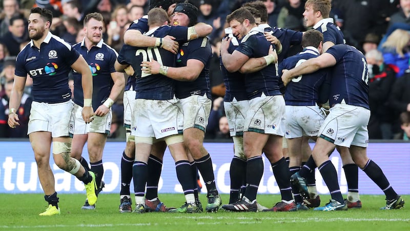 Scotland players celebrate after their RBS 6 Nations victory over Ireland at BT Murrayfield Stadium, Edinburgh on February 4 2017