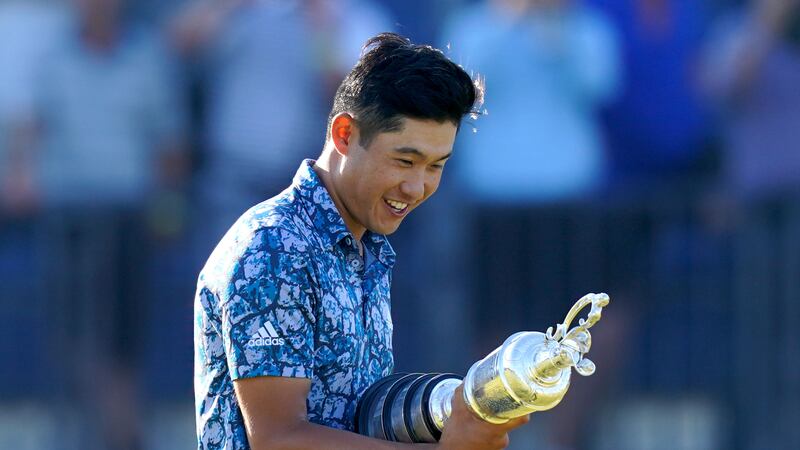 &nbsp;USA's Collin Morikawa celebrates with the Claret Jug Trophy after winning The Open at The Royal St George's Golf Club in Sandwich, Kent. Picture date: Sunday July 18, 2021.