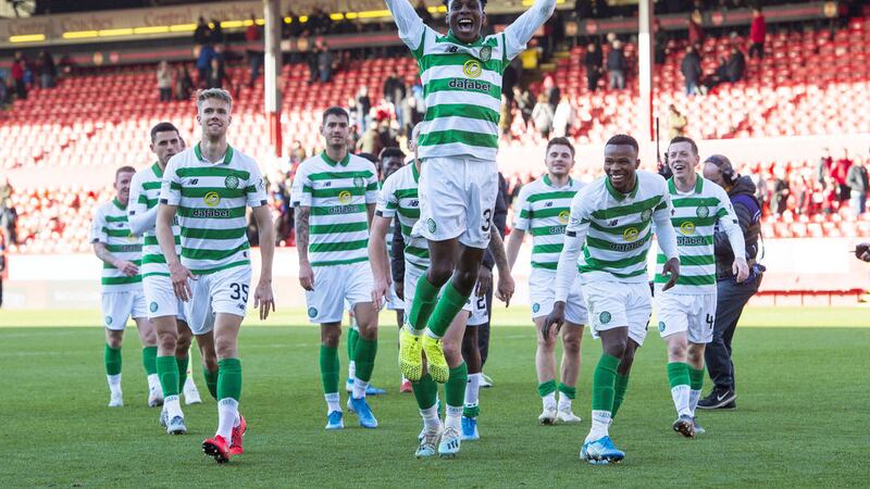 Celtic's Jeremie Frimpong celebrates with his team mates in front of the Celtic fans after the Ladbrokes Scottish Premiership match against Aberdeen at Pittodrie Stadium, Aberdeen.<br />on Sunday October 27, 2019. Picture by Ian Rutherford/PA Wire.  