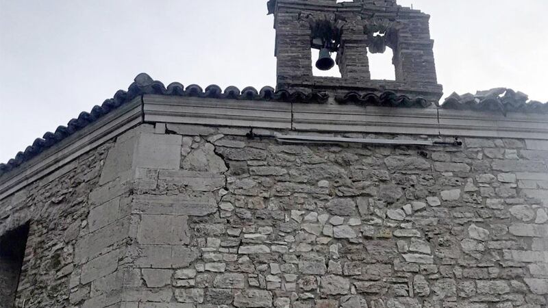 A view of a damaged bell tower of the 17th century Santa Maria di Varano&#39; church after an earthquake, in Muccia, near Macerata, central Ital Picture by Gianluigi Basilietti/ANSA via AP 