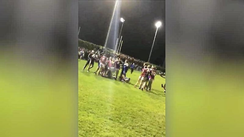 A video grab showing an on-pitch fight at a match between Slaughtneil and Ballinderry on Thursday 