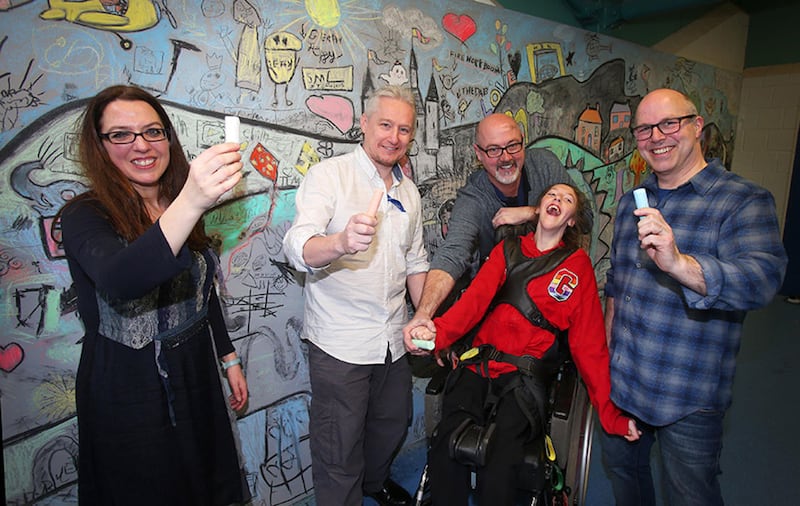 The Big Picture: (l-r) Children's author Myra Zepf with illustrators Andrew Whitson, PJ Lynch Laureate na n&Oacute;g, Paul Howard and Glenveagh pupil Sasha Chambers (15) who worked with the pupils to create a large format mural as part of PJ Lynch&rsquo;s &ldquo;The Big Picture&rdquo; project, a two-year focus on the art of illustration and visual storytelling that celebrates children&rsquo;s literature and the power of the imagination. Picture by Mal McCann&nbsp;