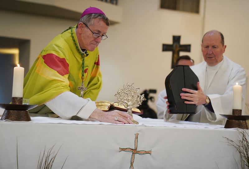 Bishop of Kildare & Leighlin Denis Nulty places the relic of St Brigid on the altar of St Brigid’s Parish Church in Kildare