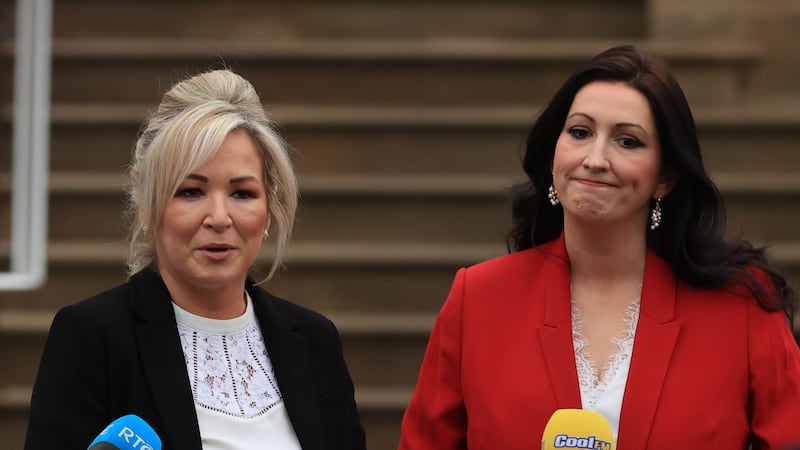 First Minister Michelle O’Neill and deputy First Minister Emma Little-Pengelly during a press conference at Stormont Castle, Belfast