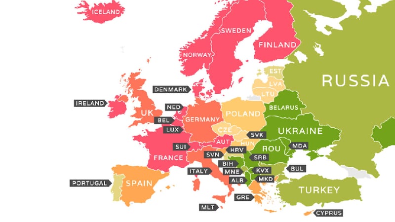 The map shows how expensive it is to live in European countries