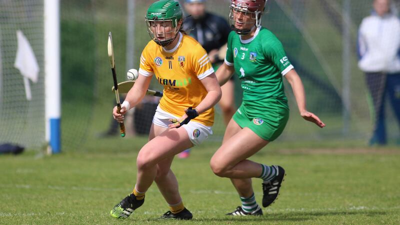Roisin McCormack of Antrim tries to get away from Limerick's Muireann Creamer during Saturday's Glen Dimplex All-Ireland Senior Championship Group Two match at Corrigan Park<br />Picture: Sean Paul McKillop&nbsp;