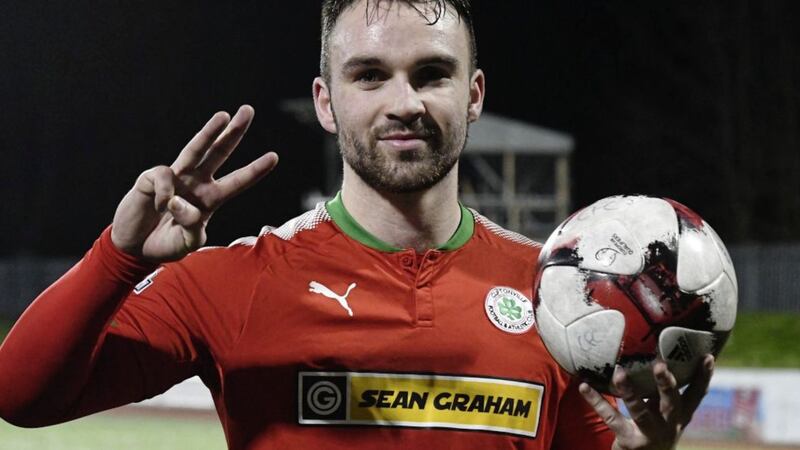 PACEMAKER BELFAST  06/01/2018.Cliftonville v Warrenpoint Tennents Irish Cup.Cliftonville's  hat trick hero Jamie Harney  goes home with the match ball after  todays game at Solitude in Belfast..Photo Colm Lenaghan/Pacemaker Press.