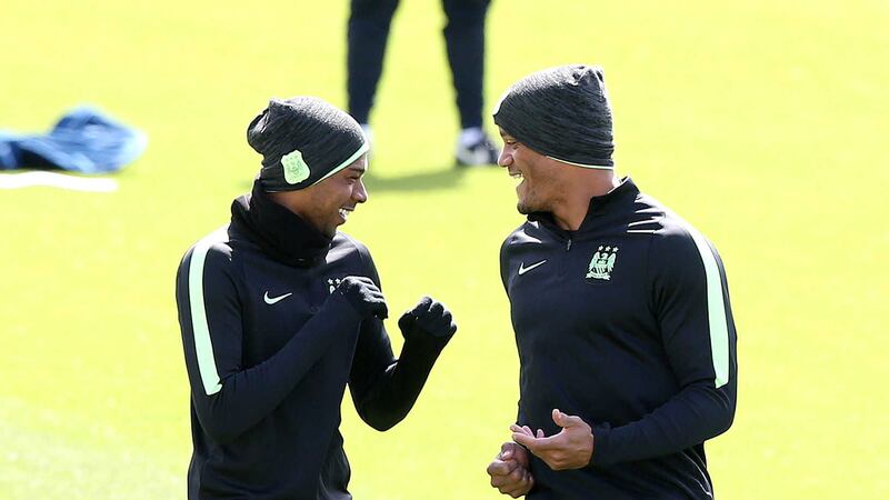 Manchester City captain Vincent Kompany (right) and team-mate Fernandinho during a training session at the Etihad Campus on Monday<br />Picture by PA&nbsp;