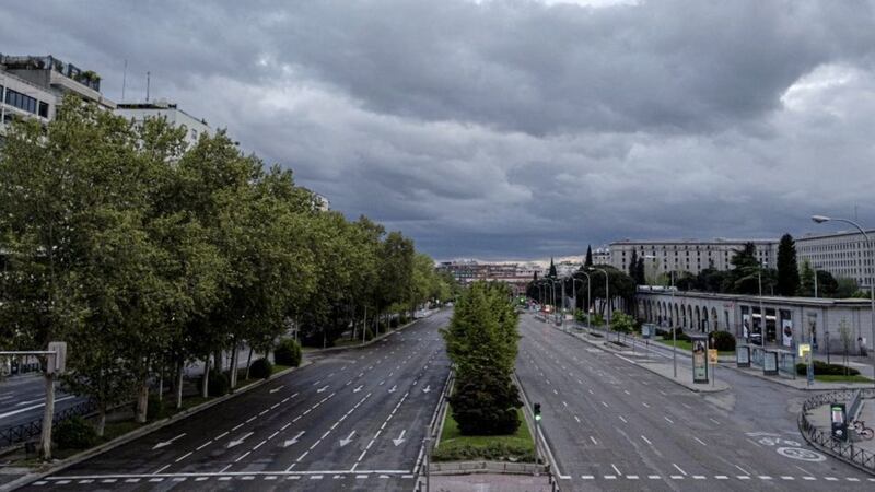 A nearly empty section of Paseo de la Castellana, one of Madrid&#39;s main avenues in downtown Madrid, Spain. Picture by AP Photo/Manu Fernandez 