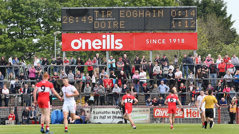 The scoreboard as Tyrone trailed Derry briefly during the Ulster SFC match at Healy Park, Omagh on Sunday.<br />Picture Margaret McLaughlin&nbsp;