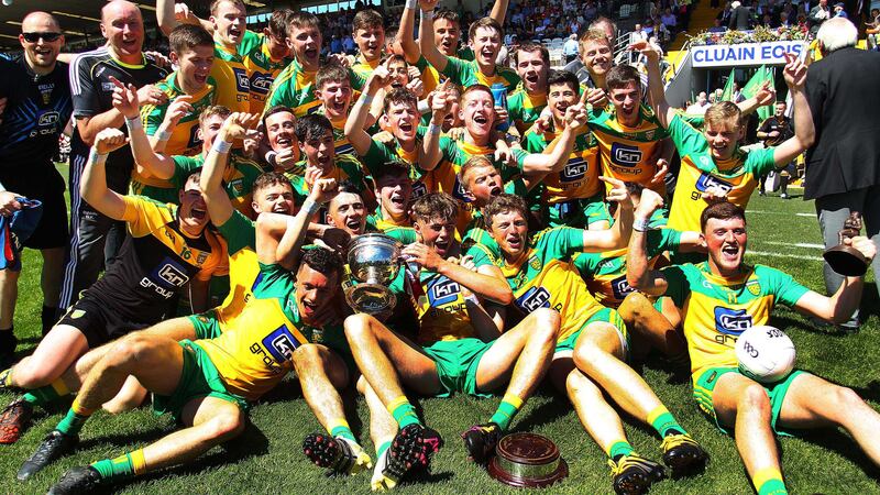 Donegal celebrate their Ulster MFC final victory over Derry at Clones on Sunday<br />Picture by Seamus Loughran &nbsp;
