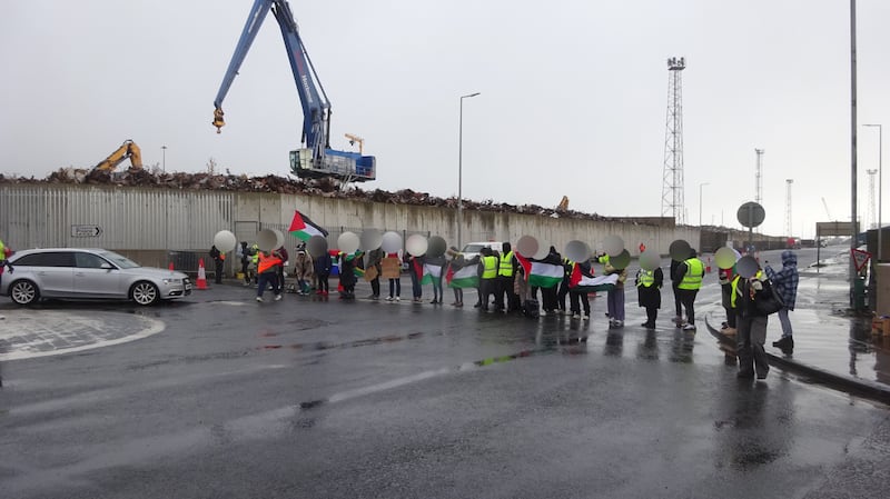 A15 protestors at Dufferin Road in Belfast's docklands on Monday.